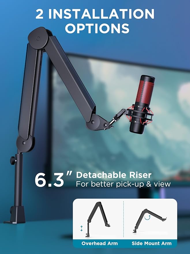 InnoGear Mic Boom Arm, Microphone Stand with Cable Management Channels Height Riser for Blue Yeti FIFINE AM8 K669B HyperX QuadCast S SoloCast AT2020 Shure SM7B MV7 and Other Mics