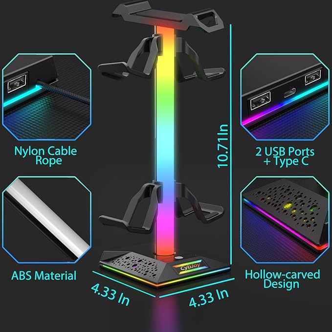 CybJoy RGB Headset Stand, Gaming Controller Stand with 2 USB and 1 Type-C Ports,10 Light Modes Headset Holder PC Gaming Accessories, Suitable for All Earphone Accessories, Gift for Boys Men Gamers