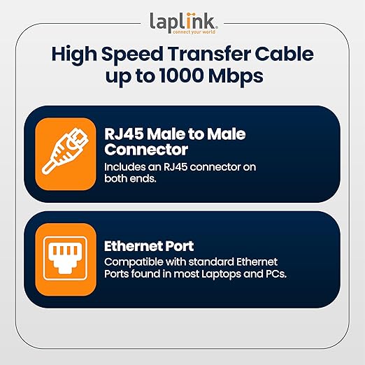 LAPLINK Easy Transfer Cable, Includes PCmover Express Data Transfer Software and High Speed Ethernet Cable, Single Use License, Only Transfers Files and Settings. Compatible with Windows 11