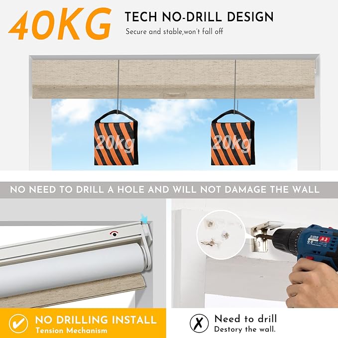 Persilux Smart Motorized Blinds with Remote, No Drill Automatic Roller Shades for Indoor Windows, Blackout Linen Fabric, Electric Blinds for Windows, Linen Beige C156BO-2, Custom Size