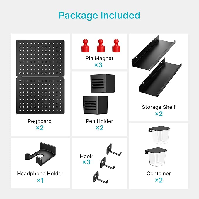 PEGZONE Pegboard Wall Organizer Combination Kit, Overall 25.4"x16.6" Metal Office Pegboard with 13 Accessories, Wall Mounted Peg board Display Panels for Home, Gaming Room, Garage (2Pcs, Medium,Black)