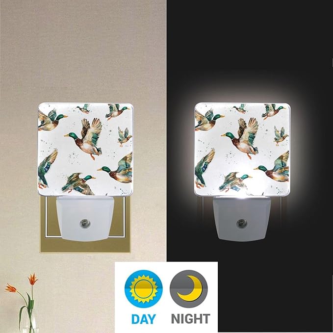 Pigsaly Led Night Light Watercolor Flying Mallard Ducks Night Light Plug in Wall Lamp Smart Dusk to Dawn Sensor Nightlight Led Lamp Energy Saving Lights Gift for Kids Room Bedroom Bathroom Hallway