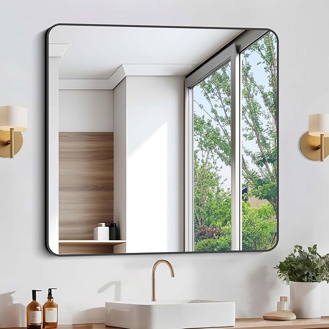 Bathroom Mirror, 36"x36" Black Square Wall Mirror, Metal Frame Rounded Corner Vanity Mirror, Large Wall Mounted Mirror for Modern Bedroom Living Room Horizontal Or Vertical Mounting