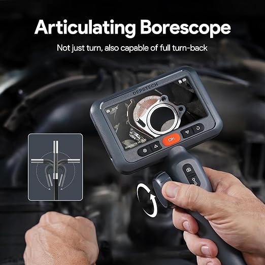 DEPSTECH 210° Two-Way Articulating Borescope, 0.24in Ultra-Slim Endoscope Camera with Lights, 4.5” IPS Screen, 5ft Waterproof Flexible Snake Tube, Industrial Inspection Camera for Automotive Mechanics