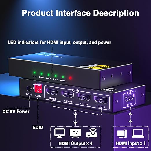 HDMI Splitter 1 in 4 Out, JCHICI HDM1 Switcher Splitter 4K@60Hz 4:4:4, HDMI Spliter for Dual Monitors, EDID Control, Compatible with Xbox PS4 Blu-Ray Player HDTV (1 Source onto 4 Displays)