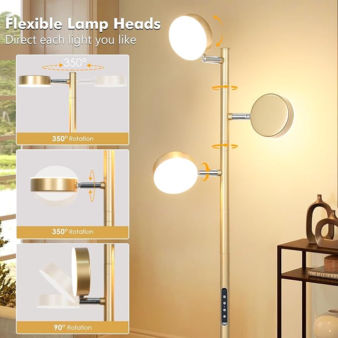 Benaep Tree Floor Lamp for Living Room - Modern Glod Standing Lamp, LED Floor Light with Remote & Touch, 3000K-6000K Dimmable for Bedroom Office Reading (3 Head)