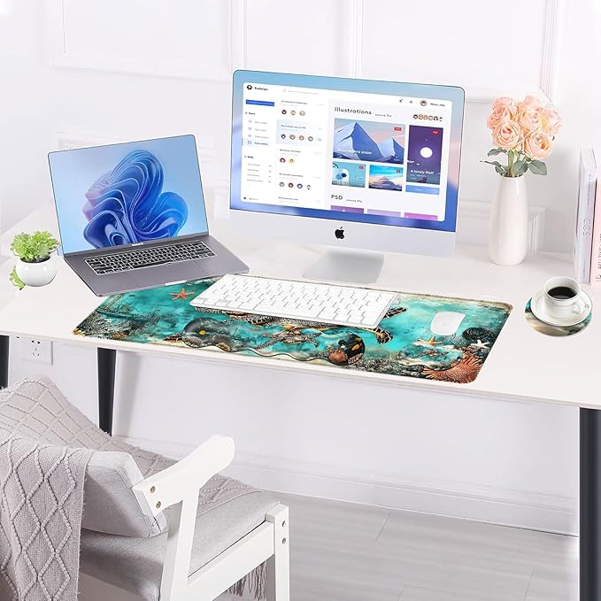 BFUKVOU Large Keyboard Mouse Pad Set, Extended Mouse Pad+Keyboard Wrist Rest Support, Memory Foam Ergonomic Easy Typing, 4Pcs (31.5×11.8 in) Desk Pad Set for Office Home,Watercolor Sea Turtle