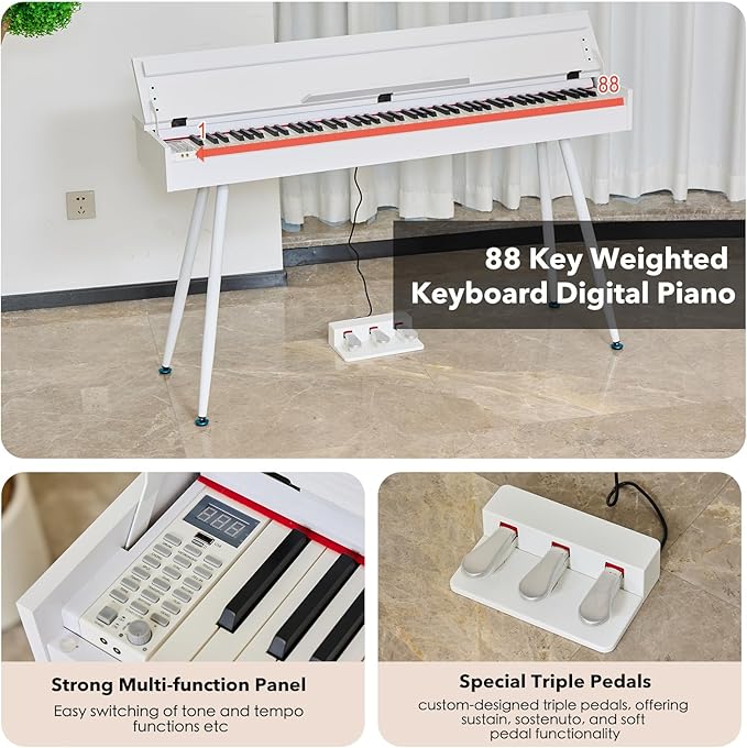 KUMENG Digital Piano 88 Key Weighted Keyboard,Full-Size Desk Progressive Hammer-Action Electric Piano For Beginners, With Sheet Music Stand, Pedal,Power Adapter, Headphone Mode, Usb-Midi
