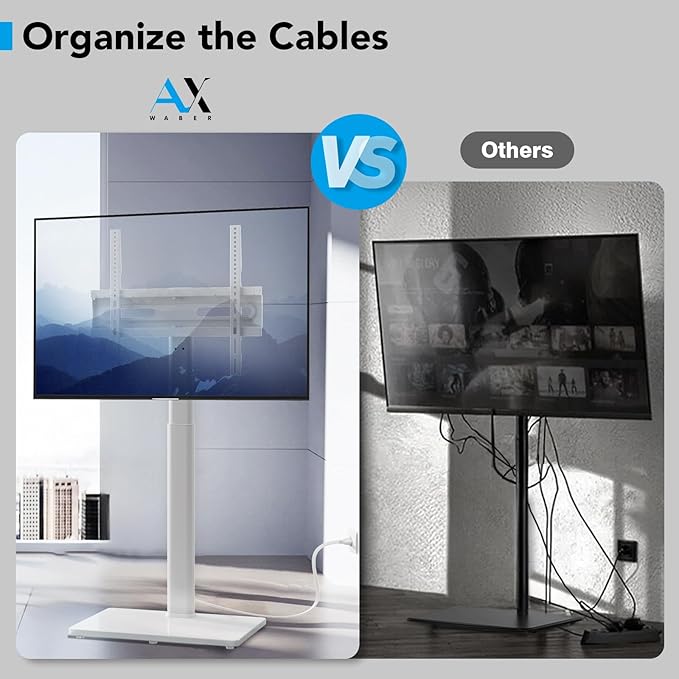 AX WABER Floor TV Stand with Power Outlet, Universal TV Stand Mount for 27-65 inch TV up to 88lbs, 70 Degree Swivel 9 Level Height Adjustable with Tempered Glass Base for Bedroom, Office White
