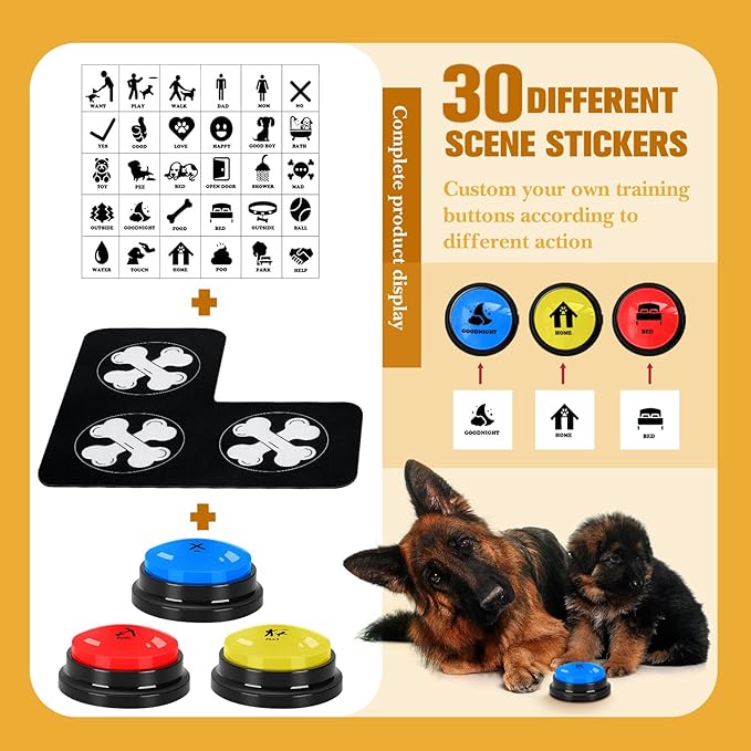 Dog Buttons for Communication Starter Pack 3 Dog Talking Button Set, 30s Voice Recording Speaking Button Pet Speech Training Buzzers with 30 Scene Stickers and Dog Button Mat for Animal Training