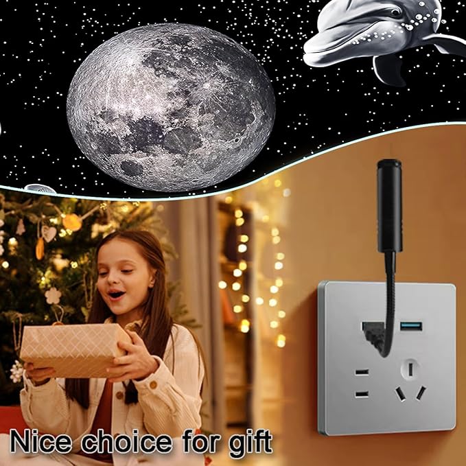 USB Power Moon Projector Night Light with Dolphins and Whales Flying Around,Angle Bendable and Image Clearness Adjustable Moon Atmosphere Projector, Christmas Birthday Gift