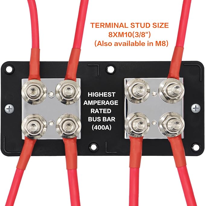AMOMD 400A Bus Bar 8 M10 (3/8 inch) Terminal Studs Modular Design Tin Plated Copper Distribution Block Positive Pole Electrical Buss Bars 12-48 V DC with Cover for Trailer Marine Boat Car RV
