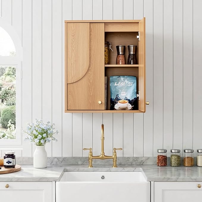 Arched Wood Medicine Cabinet for Bathroom-Mid Century Modern Wall Storage Cabinet-Wall Mounted Over The Toilet Organizer with Hanging Rail for Powder Room, Entryway