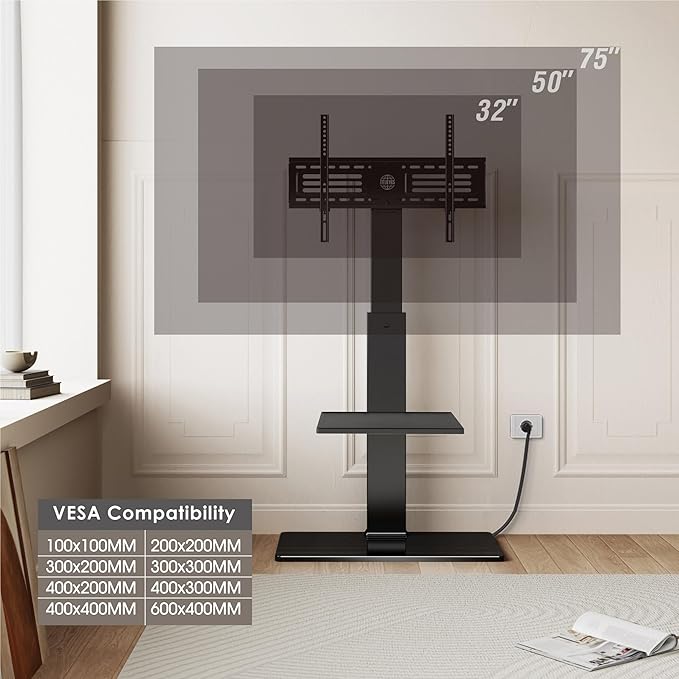 FITUEYES Floor TV Stand for 32-75 inch TV with Power Outlet, Tall TV Stand for Bedroom Living Room with Tempered Glass Base, Floor TV Mount Holds Up to 88lbs MAX VESA 600x400mm,Black