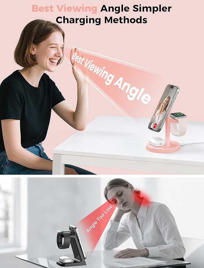 Aeinidi 2026 3 in 1 Wireless Charging Station Compatible with MagSafe, 15W Fast Magnetic Mag-Safe Charger Stand for Apple iPhone 17 16 15 14 13 12 iWatch AirPods Pro 4 3 2, Pink