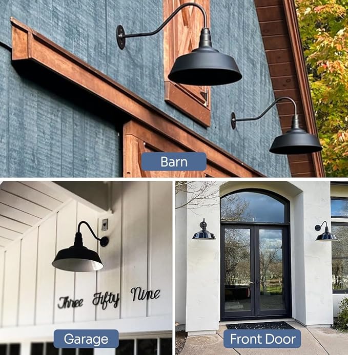 Steel Lighting Co. Large Outdoor Barn Light | Gooseneck Light Fixture | Made in America from 18-Gauge Steel | 20" Dome | 23" Gooseneck Gray Blue Exterior/Brass Interior