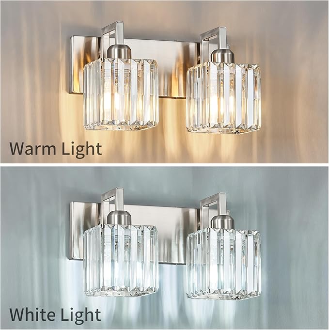 FDPBY Modern Bathroom Vanity Light 2-Lights Brushed Nickel Vanity Light Crystal Wall Light Bathroom Light Fixtures