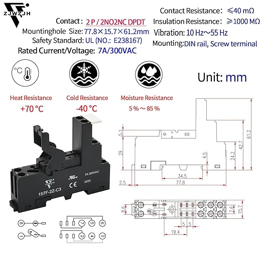 ZJWZJH Power Relay Electromagnetic with Test Button 110V 120V AC 8Amp DPDT 2Pole 2NO 2NC Socket with Indicator LED Module, UL Certification (8 Pin- 8A, AC 110V)