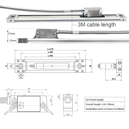 Baykunl 3 Axis Digital Readout DRO Display KIT 16" x 32" x 18" Travel Length High Accuracy IP67 5um 420mm+820mm+470mm Travel Magnetic Scale for Mill Milling Machine Tool RPM Function Included