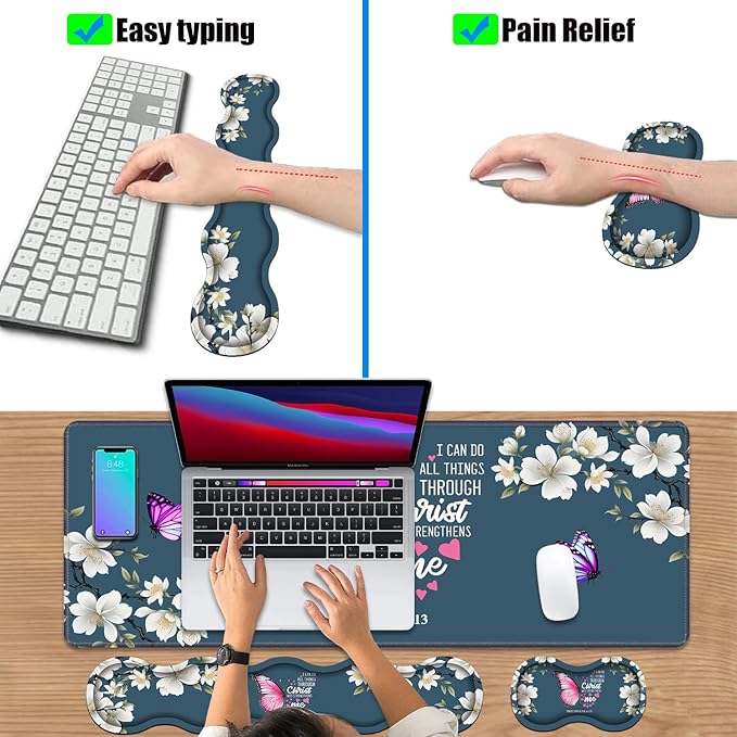 Ergonomic Keyboard Wrist Rest & Mouse Pad Wrist Rest Set, Large XXL Gaming Desk Mat 31.5"x 11.8" with Non-Slip Base for Home Office Study Gaming, Floral Butterfly Quote Bible Verse Philippians 4:13