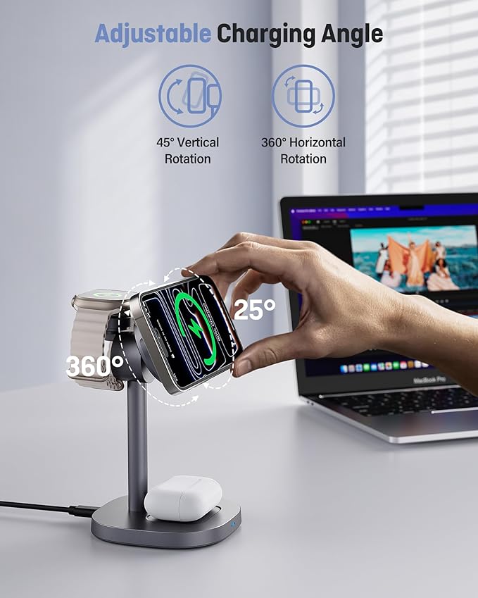 Augnner 3 in 1 Wireless Charging Station, Qi2.2 25W Certified Fast Magnetic Charger, Mag-Safe Wireless Charger Stand with TEC Active Cooling, for iPhone17/16/15/14/13/12, Apple Watch/AirPods