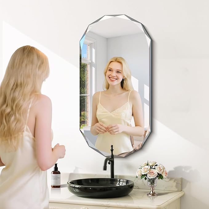 GLASHOM Beveled Edge Frameless Bathroom Mirror, Oval Wall Mirror for Over Sink, 18" x 36" Modern Decorative Vanity Mirror for Bedroom, Living Room, Entryway, Hanging Mirror Horizontal or Vertical