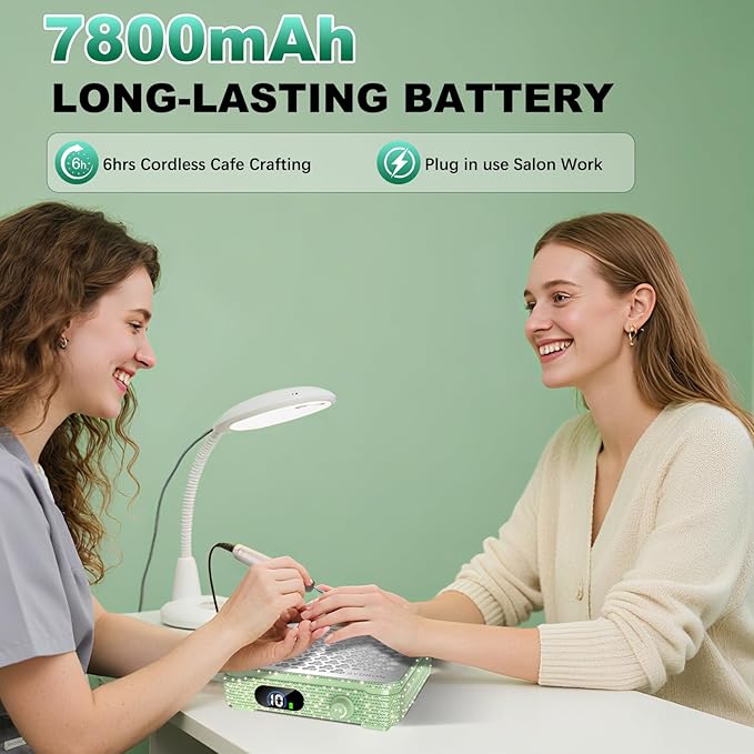 Nail Dust Collector | 1000PA Dust Collector Nail Tech | 10 Speed Levels | Low Noise & Strong Suction | Reusable Filter, 10 Pads + Nail Dust Brush | for Acrylic Nails, Salon & Home -Grass Green Diamond