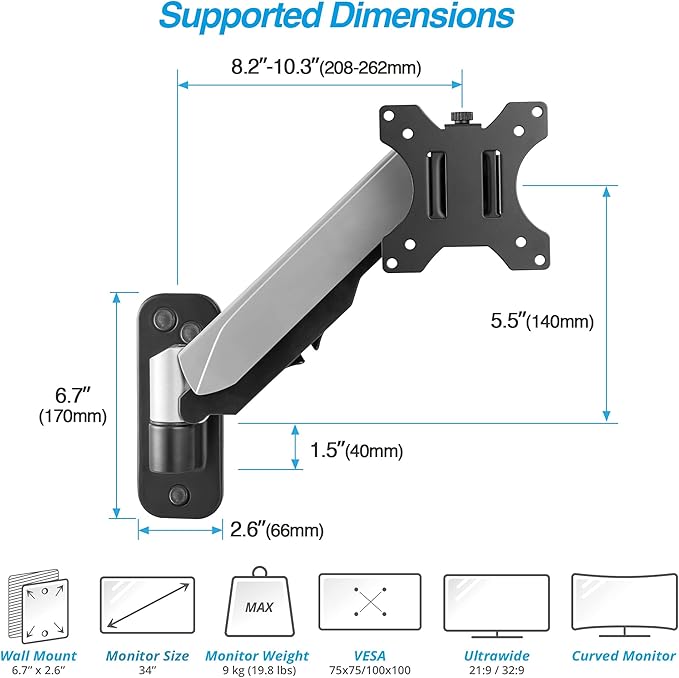 AVLT Single 32" Monitor Wall Mount - Fits One Flat/Curved Monitor, Full Motion Height Swivel Tilt Rotation Adjustable Arm - VESA/Cable Management