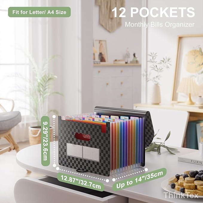 ThinkTex Accordion File Organizer, 12 - Pocket Expanding File Folders for Paper Receipts, Bills & Taxes Organizer, Portable Letter/A4 Size Document Holder for School, Office, Home with Colorful tabs