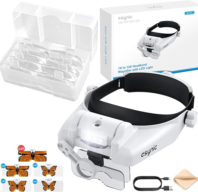 eSynic Type-C Rechargeable Magnifying Glasses Headset-Up to 14X Magnification with 5 Interchangeable Lense-3 LED Lights with 2 Adjustable Brightness Levels-Comfort & Fit Headband for Crafts/Reading