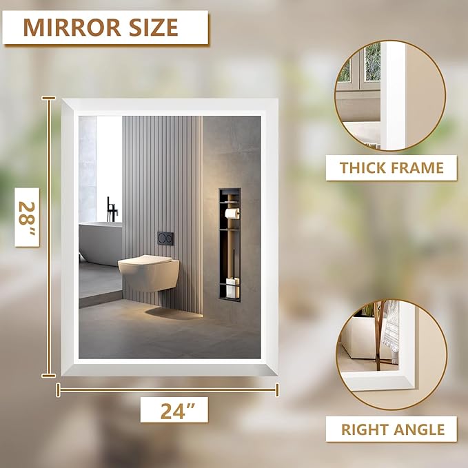 SMIROR Matte White Bathroom Mirror for Over Sink, 24”x 28” Metal Thick Framed Rectangle Vanity Mirror for Wall, Right Angle Corner, Anti-Rust, Horizontally or Vertically Mounted