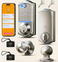 Veise VE017-K Fingerprint Smart Lock with 2 Knobs, App Control, Keyless Entry Front Door Lock with Handle Set, Electronic Digital Touchscreen Keypad Deadbolt, IP55 Waterproof, Auto-Lock, Satin Nickel