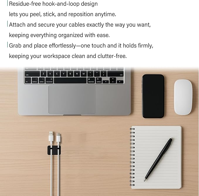 Under Desk Cable Management, Adjustable Hook and Loop Cord Ties, Reusable Wire Organizer, Low-Profile Cable Hider for Cord Management System (20)