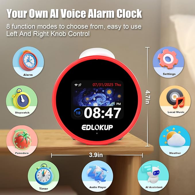 Smart Alarm Clock for Kids, AI Voice Assistant Clock with Chat, Ok to Wake Clock, 12 White Noise Sounds, Sleep Trainer, Time Management Tool, Music Player via TF/MP3 Card, Weather Forecast