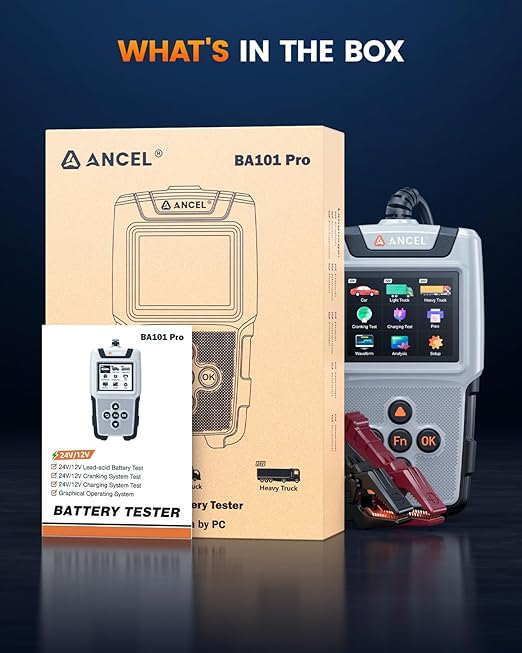 ANCEL BA101 Pro Car Battery Tester 24V 12V with Color Display, 100-2000CCA Cranking & Charging System Automotive Battery Load Analyzer for Car, Truck, SUV, RV, Boat, Heavy Duty Vehicles