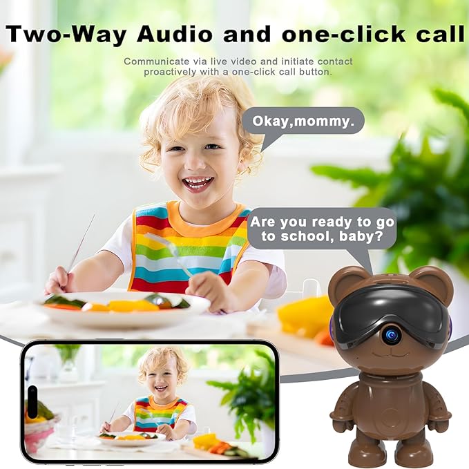 dzcctvipc Cute Bear 2K Robot & Pet Camera – Hidden Indoor Security, Motion & Baby Cry Detection, Privacy Mode, 5G Dual-Band, Pan & Tilt, Full HD Night Vision, 24/7 Recording, 2-Way Audio