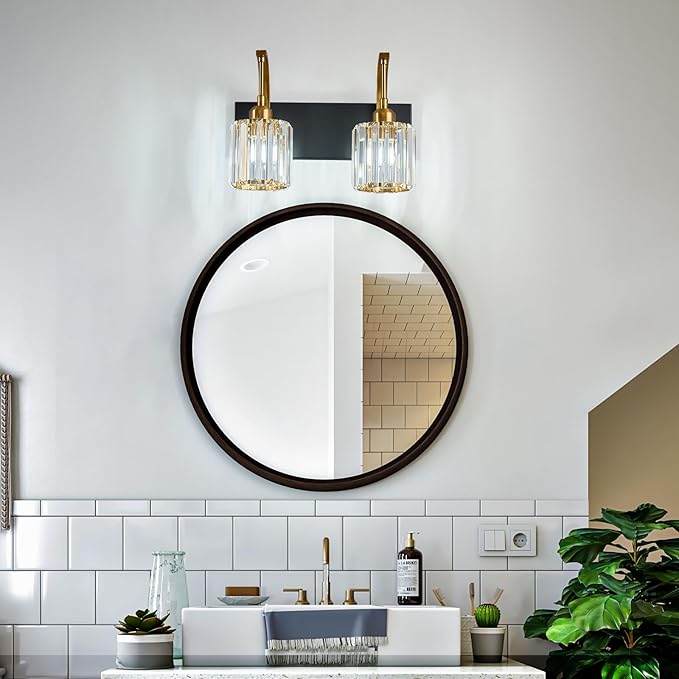 FDPBY Bathroom Crystal Vanity Lights 2-Light Black Gold Wall Lamp Modern Crystal Bathroom Light Fixtures Over Mirror 13.77" Long Wall Sconce