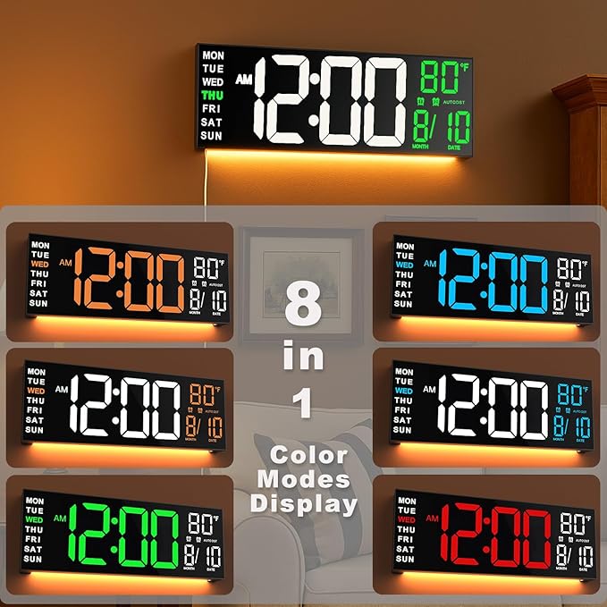 TrophyRak 16" Large Digital Wall Mount Clock, Count Down Timer, Alarm, Big LED, RGB Color, DST, Temperature for Living Room Classroom Desk, Wall, Xmas, Birthday Gift for Senior Mom Dad, White Green