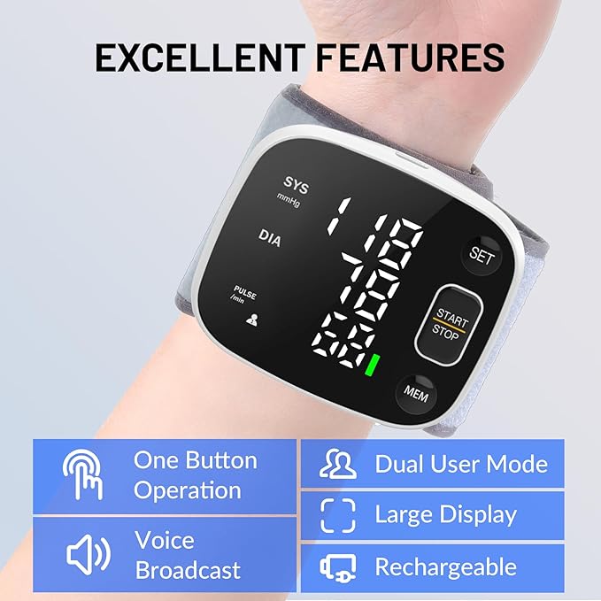 FOTOSY Blood Pressure Monitor Rechargeable Blood Pressure Monitors for Home Use Adjustable Automatic Wrist Cuff Voice Broadcast 2 * 120 Reading Memory for 2 Users with Carrying Case