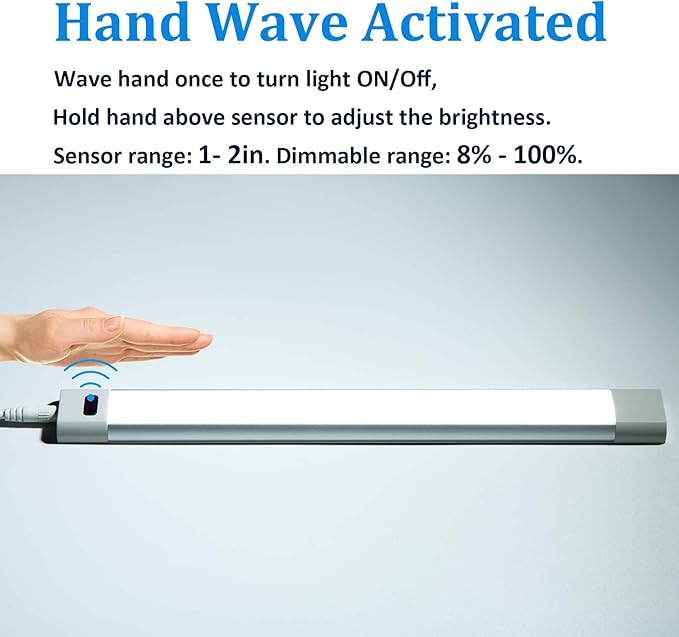 WOBANE Under Counter Lighting, Under Desk Light Bar, Hand Wave Activated, 12 inch Dimmable Panel, Super Bright Aluminum Strip Light for Kitchen,Shelf,Cupboard,Closet,Workbench,Cabinet,6000K White