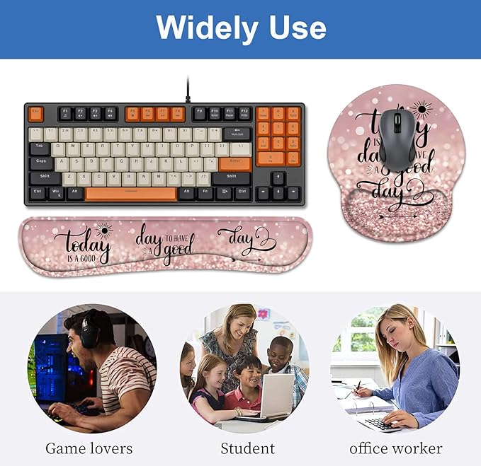 Keyboard Wrist Rest + Mouse Pad Wrist Support Set with Coasters, Today is a Good Day to Have a Good Day Inspirational Quote with Non-Slip PU Base Ergonomic Mousepad for Home Office Working Studying