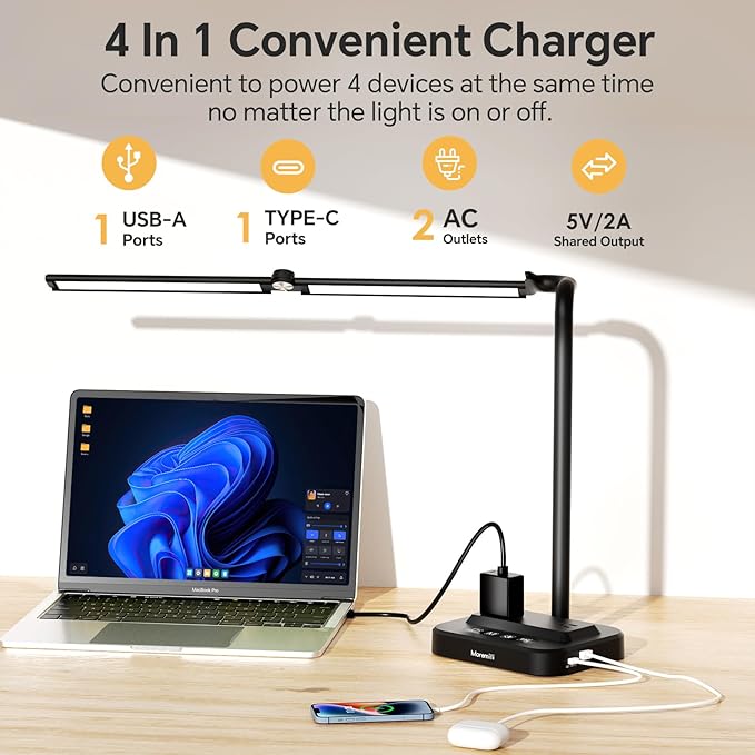 Moremili Adjustable LED Desk Lamp for Home Office | Integrated Power Hub with 2 Wide-Spaced AC Outlets, USB-C & USB-A Charging Ports | Anti-Glare Light, Foldable Design & Surge Protection
