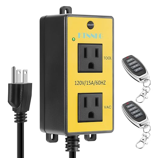 KTNNKG Automatic Remote Vacuum Switch，Load Sensing Outlets,Power Tool/Table Saw Turns Vac Cleaner On and Off Automatically(1s Delay On and 7s Delay Off),120V/15A/60Hz/1800W