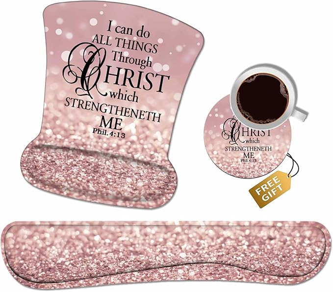 Ergonomic Mouse Pad Wrist Support and Keyboard Wrist Rest Set with Coasters, Non-Slip PU Base, Easy Typing and Relieve Wrist Pain, Perfect for Home Office Working Studying, Quote Bible Verse Phil 4:13