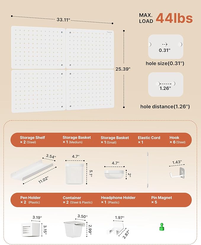 PEGZONE Pegboard Wall Organizer Combination Kit,Overall 33.1"x25.4" Metal Office Pegboard with 21 Accessories, Wall Mounted Peg board Display Panels for Home, Gaming Room, Garage (4Pcs,White)