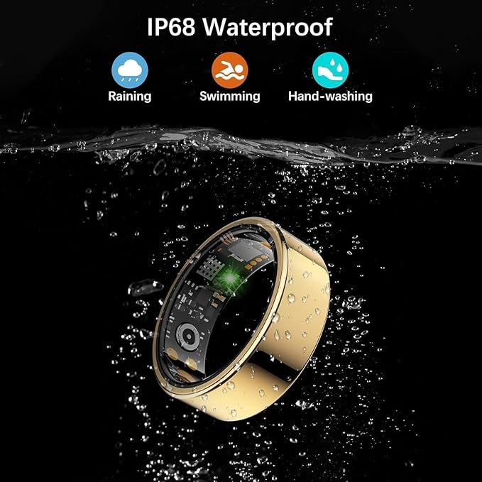 Smart Health Ring for Women Men, Fitness Tracker Ring with Heart Rate, Blood Oxygen, Sleep Tracker, Step Tracker, No Subscription Fee, IP68 Waterproof Smart Ring for iPhone & Android (Gold, 7#)