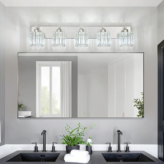 FDPBY Modern Vanity Light 5-Lights Brushed Nickel Vanity Light Crystal Bathroom Wall Light Bathroom Light Fixtures