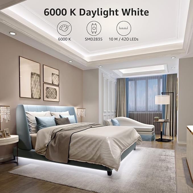 Lepro LED Strip Light, 32.8Ft Dimmable Vanity Lights, 6000K Super Bright LED Tape Lights, 600 LEDs SMD 2835, Strong 3M Adhesive, Suitable for Home, Kitchen, Under Cabinet, Bedroom, Daylight White