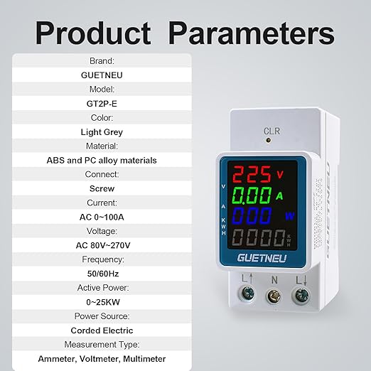 GUETNEU Color Digital Display Energy Meter Multifunction Tester Rail-Mounted Meter GT2P-E, 80270V AC, 0100A, 025KW, 50/60Hz. Measurement of Volts, Amps, Watts, Hertz, PF and Kilowatt-Hours