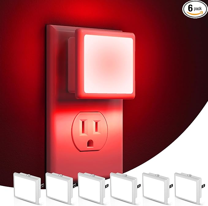 L LOHAS LED Red Night Lights Plug into Wall 6-Pack, 0.3W Plug in Night Light, Dusk to Dawn, Bright Nightlight Auto-On/Off, for Adults Kids Room Bedroom Bathroom Hallway Christmas, Non-Dim
